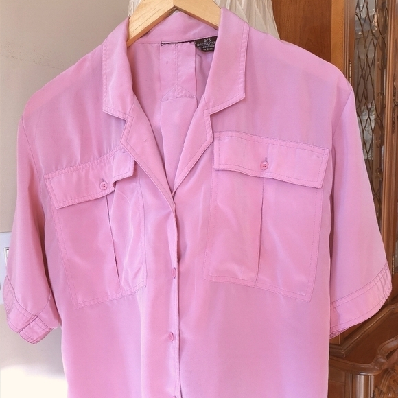 Vintage 80s Safari Style Silky Pink Blouse - Picture 4 of 7
